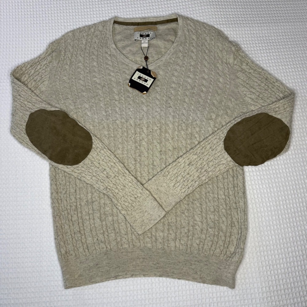 Joseph Abboud Limited Edition Mens XL  Cable Knit Cotton Sweater Elbow Patch